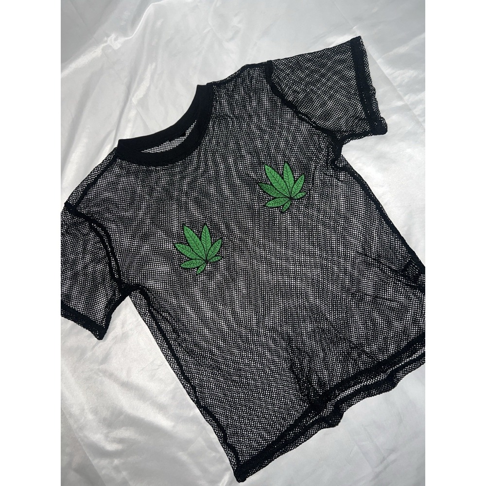 Spencers Womens Black Fishnet Mesh T-Shirt Green Leaf Patches Size S Festival